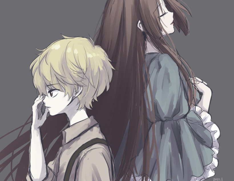 1boy, 1girl, back-to-back, blonde_hair, blue_dress, brown_hair, closed_eyes, dress