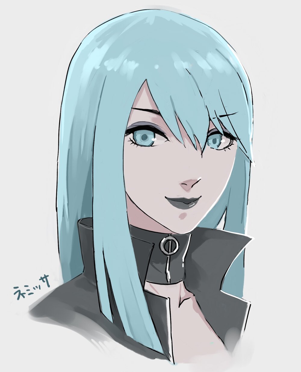 1girl, blue_eyes, blue_hair, closed_mouth, collar, devil_summoner, hatomugi_gohan, highres, long_hair, looking_at_viewer, makeup, nemissa, pale_skin, simple_background, smile, solo, soul_hackers, white_background