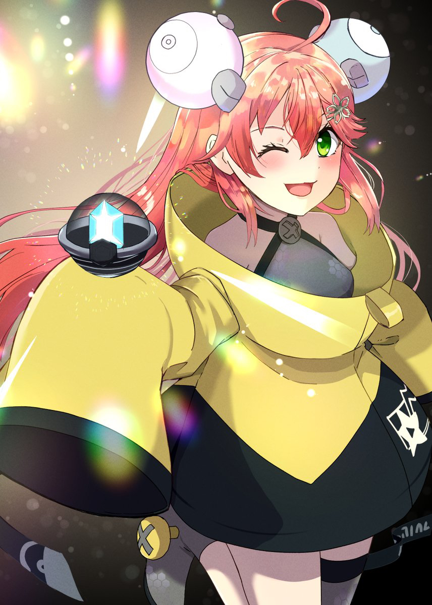 1girl, alternate_costume, character_hair_ornament, cosplay, green_eyes, hair_ornament, highres, hololive, iono_(pokemon), iono_(pokemon)_(cosplay), long_hair, one_eye_closed, pink_hair, pokemon, pokemon_(game), pokemon_sv, ryougen_(koh_y1), sakura_miko, solo, very_long_hair, virtual_youtuber