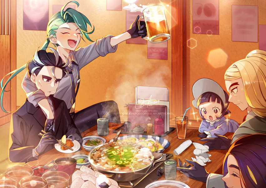 2boys, 3girls, :d, :o, :t, alcohol, beer, black_jacket