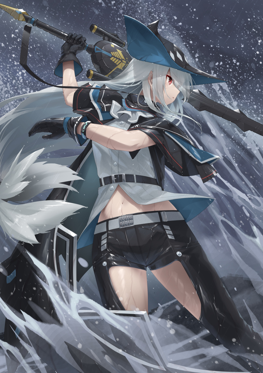 1girl, absurdres, arknights, arm_up, ascot, belt, black_capelet, black_cloak, black_gloves, black_headwear, black_pants, breasts, capelet, cloak, closed_mouth, clothing_cutout, commentary, cowboy_shot, expressionless, eyes_visible_through_hair, furukura_m, gloves, grey_ascot, grey_hair, grey_sky, hat, highres, holding, holding_sword, holding_weapon, infection_monitor_(arknights), long_hair, medium_breasts, midriff, navel, ocean, outdoors, pants, profile, red_eyes, shirt, skadi_(arknights), solo, splashing, standing, sword, thigh_cutout, thighs, very_long_hair, wading, weapon, wet, white_belt, white_shirt