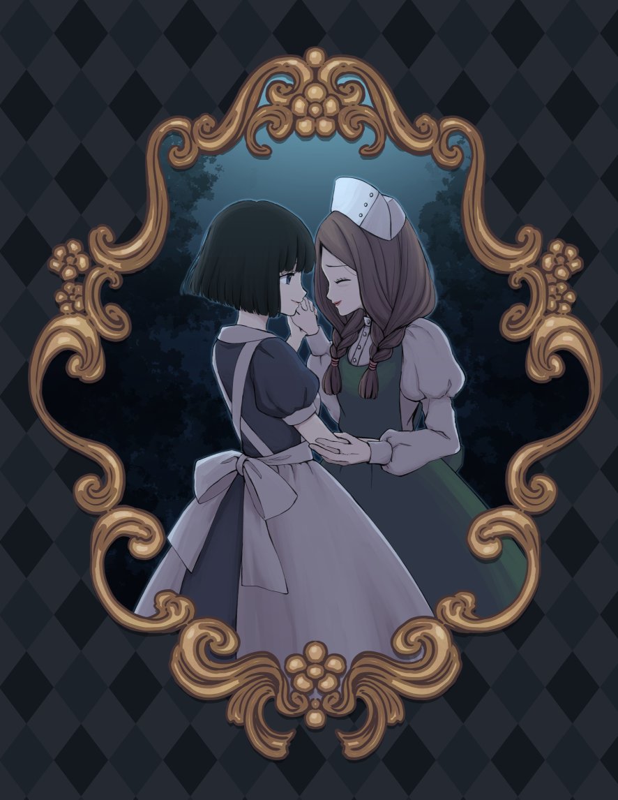 2girls, aged_up, apron, argyle, argyle_background, aya_drevis, bangs, black_hair