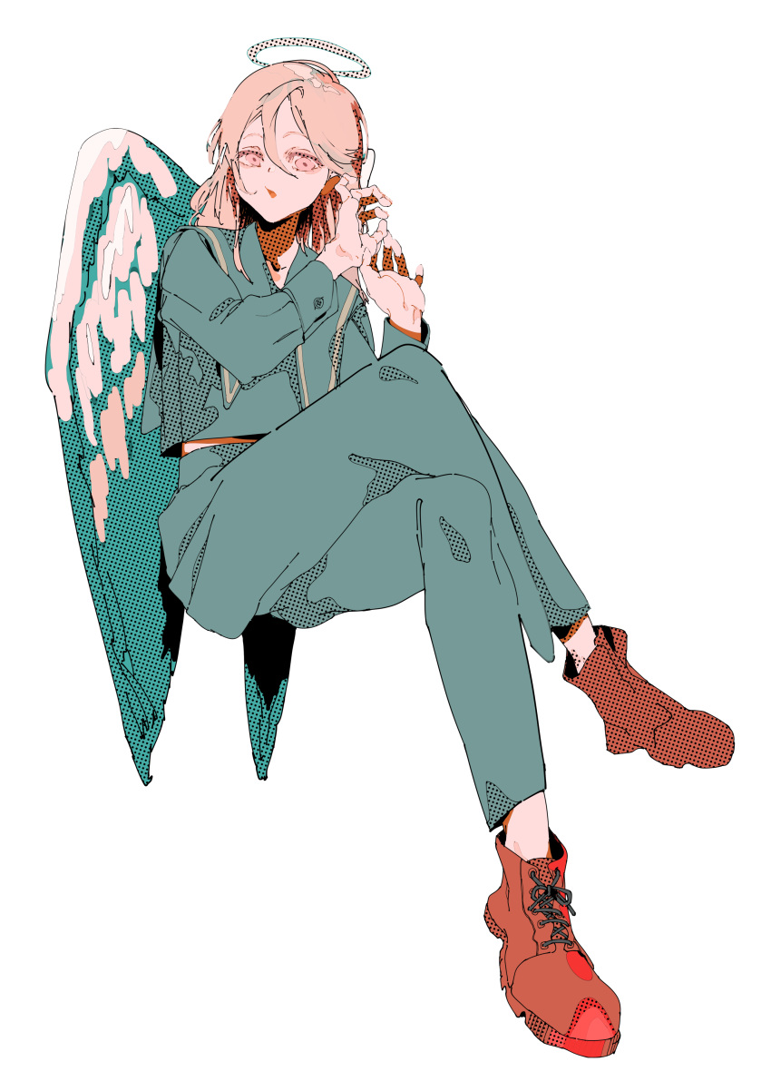 1boy, absurdres, angel_devil_(chainsaw_man), angel_wings, black_shirt, brown_footwear, brown_hair, chainsaw_man, crossed_legs, hair_between_eyes, halftone, halo, highres, invisible_chair, long_hair, looking_at_viewer, matumot, open_mouth, shirt, simple_background, sitting, solo, white_background, white_wings, wings