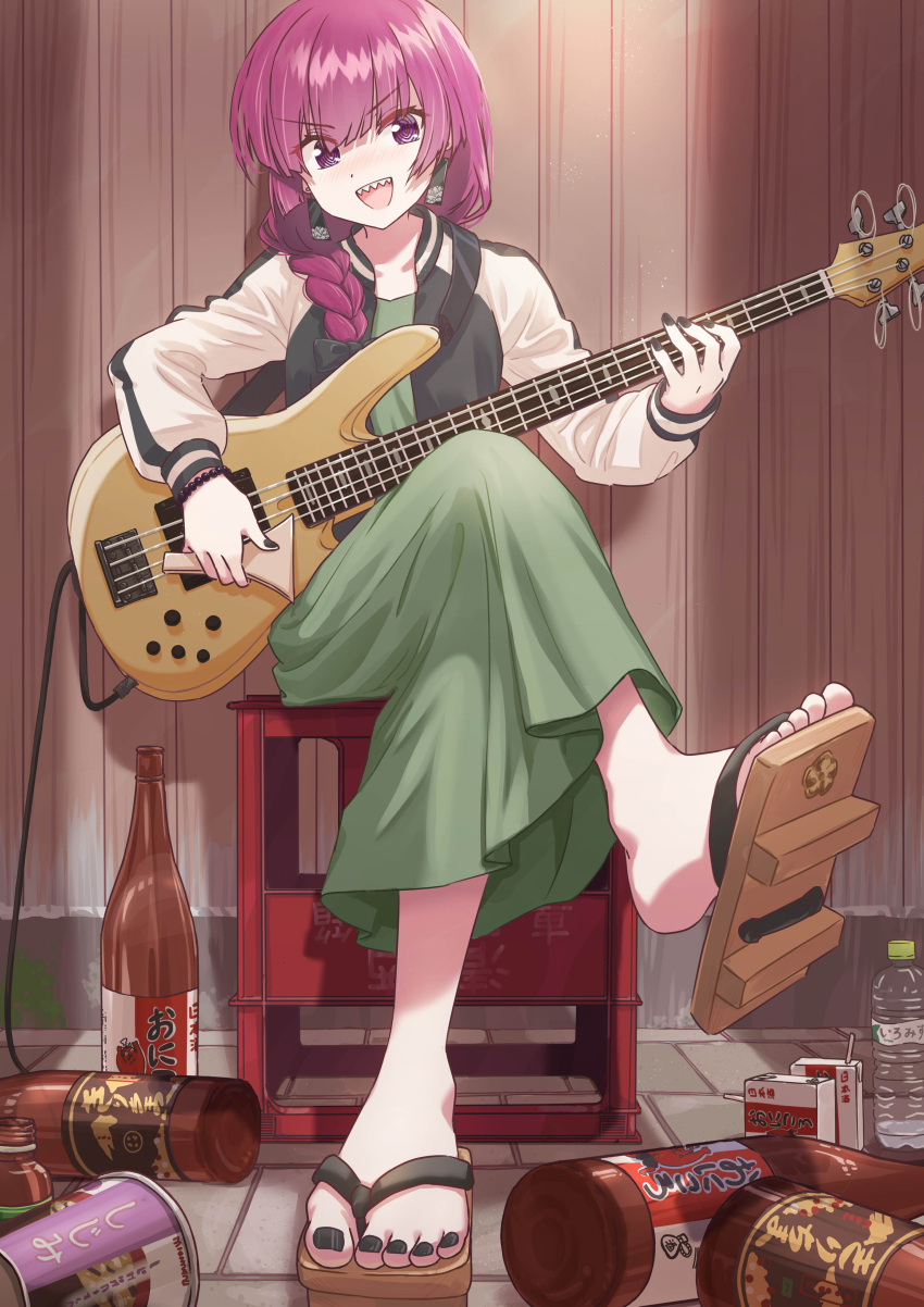 1girl, @_@, absurdres, akita_ayumu, alcohol, bangs, bass_guitar, black_bow