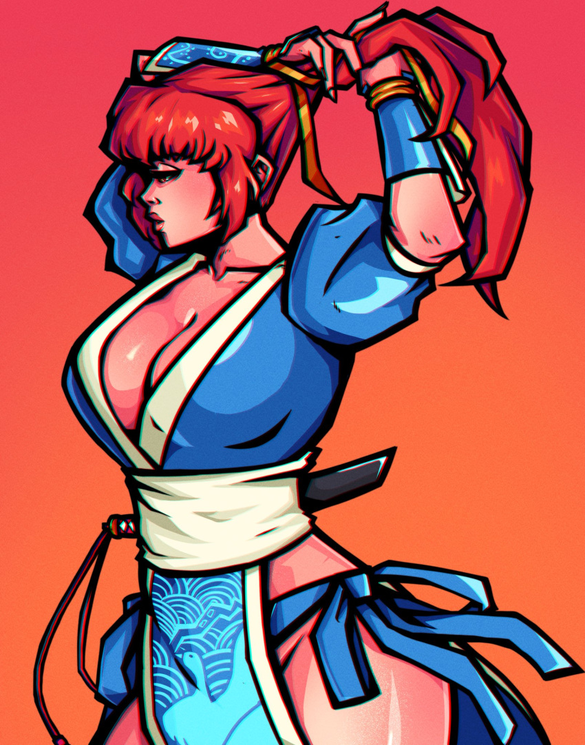 brown_eyes, dead_or_alive, highres, kasumi_(doa), orange_background, patmakesart, ponytail, red_lips, solo