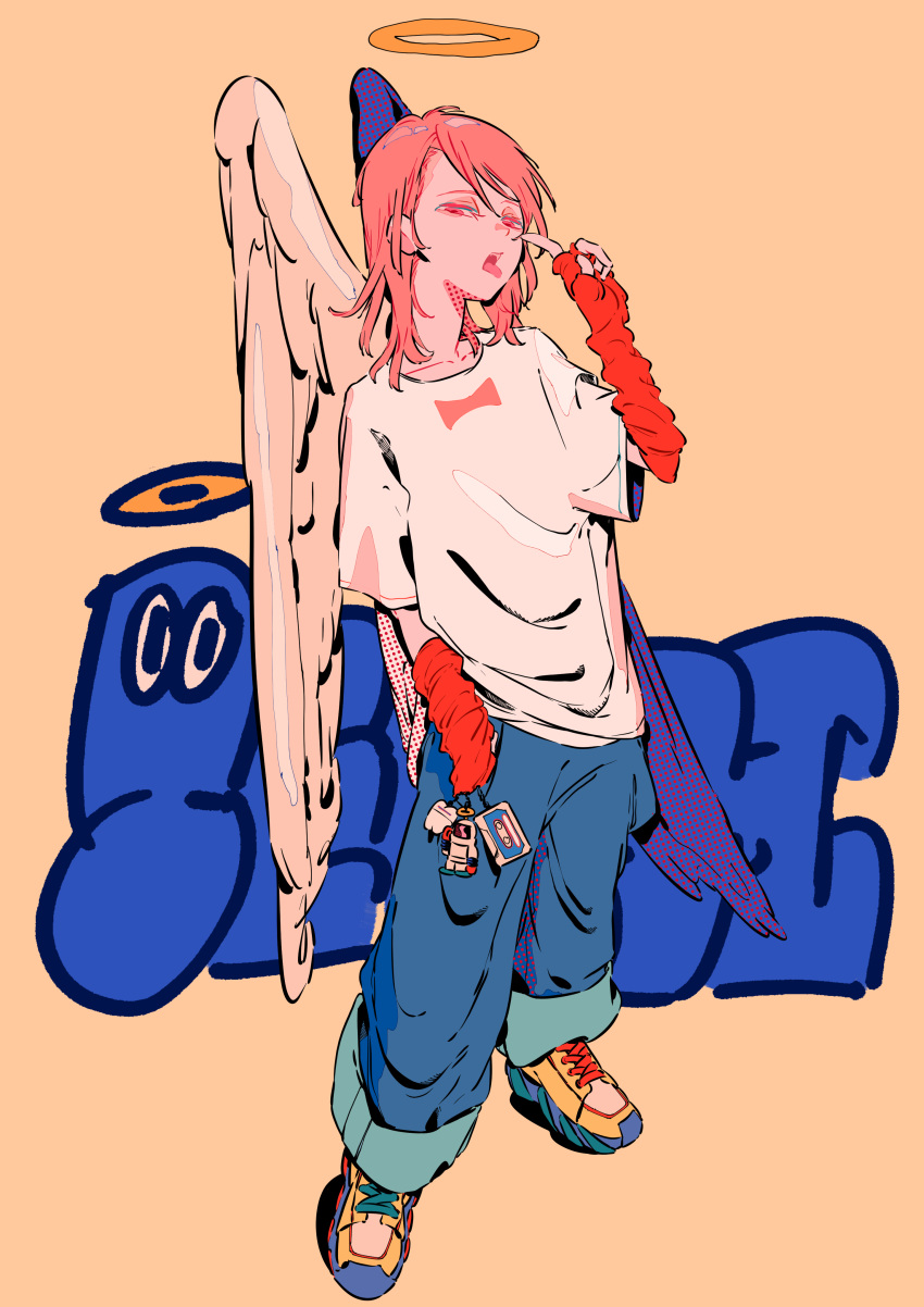 1boy, absurdres, angel_devil_(chainsaw_man), angel_wings, baggy_clothes, baggy_pants, bangs, chainsaw_man, elbow_gloves, fingerless_gloves, gloves, halftone, halo, highres, looking_at_viewer, matumot, medium_hair, pants, pink_hair, red_gloves, shirt, simple_background, solo, tongue, tongue_out, videocassette, white_shirt, white_wings, wings, yellow_background