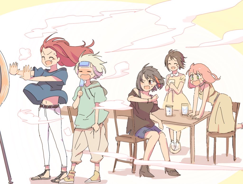 5girls, ^_^, afterglow_(bang_dream!), aoba_moca, bang_dream!, brown_hair, casual, chair