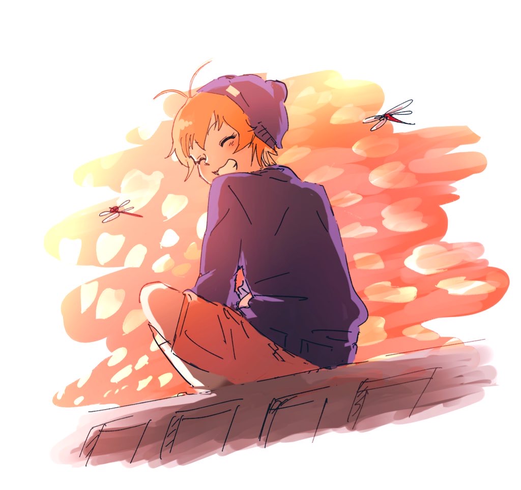 1girl, ^_^, antenna_hair, bang_dream!, beanie, bug, closed_eyes, dragonfly