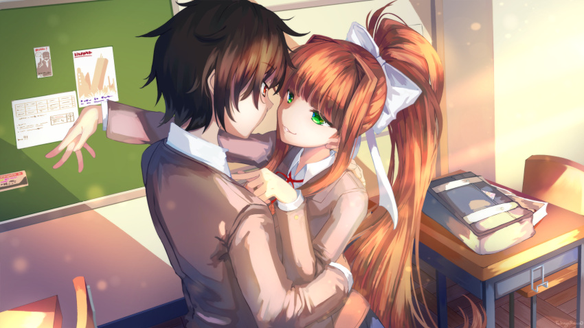 1boy, 1girl, bag, bangs, black_hair, blunt_bangs, brown_hair, chalkboard