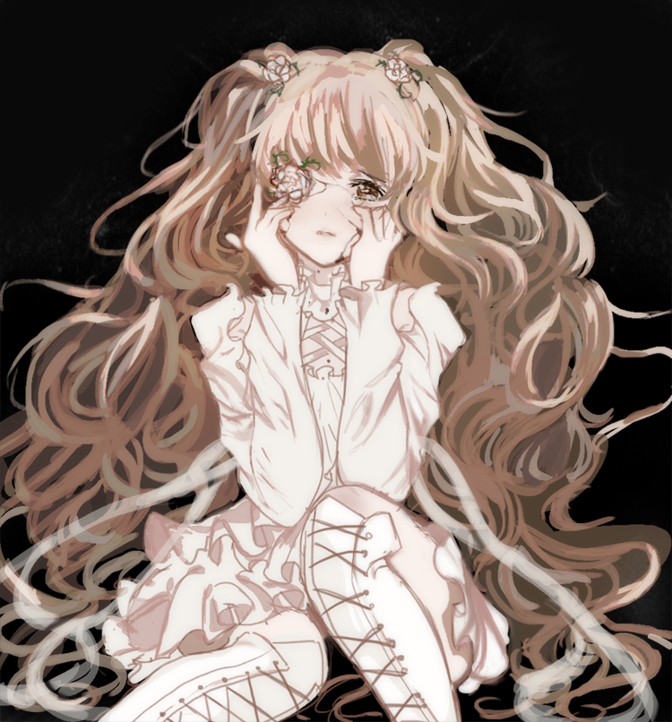 1girl, black_background, boots, cross-laced_footwear, crying, crying_with_eyes_open, dlsso21, dress