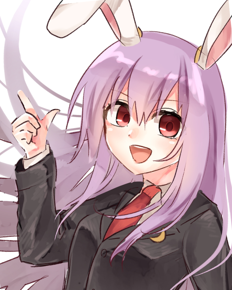 1girl, :d, animal_ears, bangs, black_jacket, blazer, buttons, collared_shirt, crescent, crescent_pin, hair_between_eyes, index_finger_raised, jacket, light_purple_hair, long_hair, long_sleeves, looking_to_the_side, necktie, open_mouth, rabbit_ears, rabbit_girl, red_eyes, red_necktie, reisen_udongein_inaba, rena_(ke), shirt, simple_background, smile, solo, teeth, touhou, upper_body, upper_teeth, very_long_hair, white_background, white_shirt