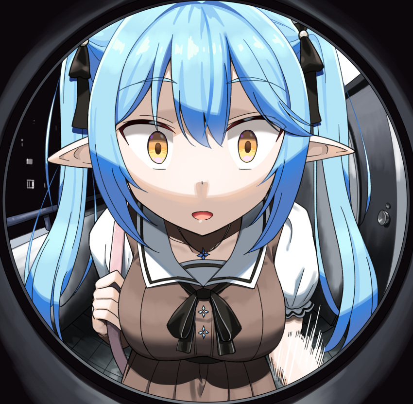 1girl, blue_hair, breasts, door, dorianpanda, fisheye, hair_ribbon, highres