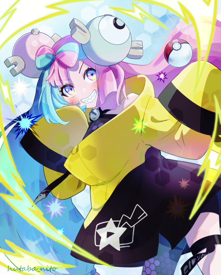 1girl, bow-shaped_hair, character_hair_ornament, grey_pantyhose, hair_ornament, hexagon_print, highres, hutaba_nito, iono_(pokemon), jacket, long_hair, low-tied_long_hair, multicolored_hair, oversized_clothes, pantyhose, pink_eyes, pink_hair, pokemon, pokemon_(game), pokemon_sv, sharp_teeth, shirt, single_leg_pantyhose, sleeveless, sleeveless_shirt, sleeves_past_fingers, sleeves_past_wrists, solo, teeth, twintails, two-tone_hair, very_long_hair, very_long_sleeves, x, yellow_jacket