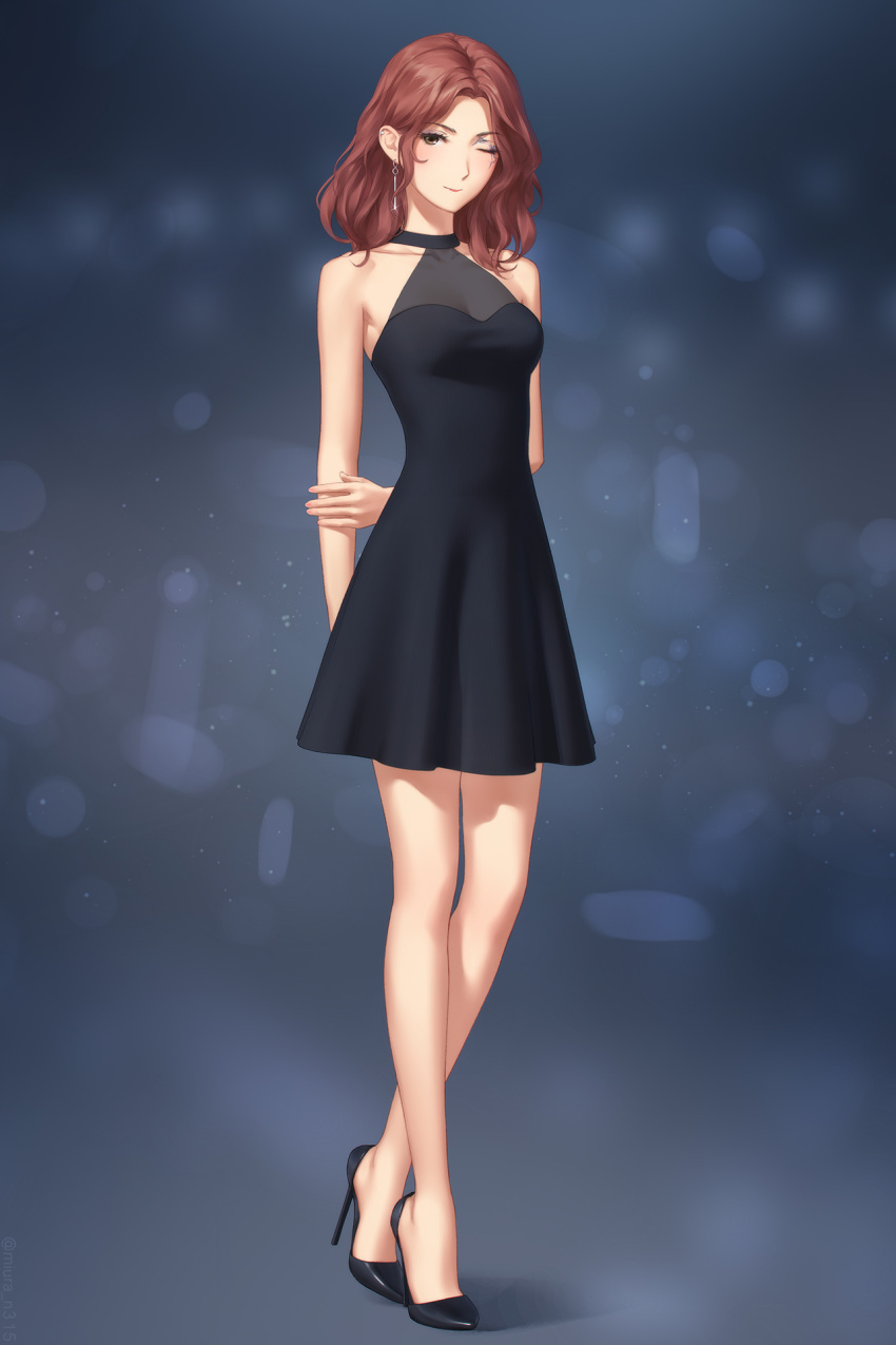 1girl, arms_behind_back, black_dress, breasts, brown_eyes, brown_hair, dress, earrings