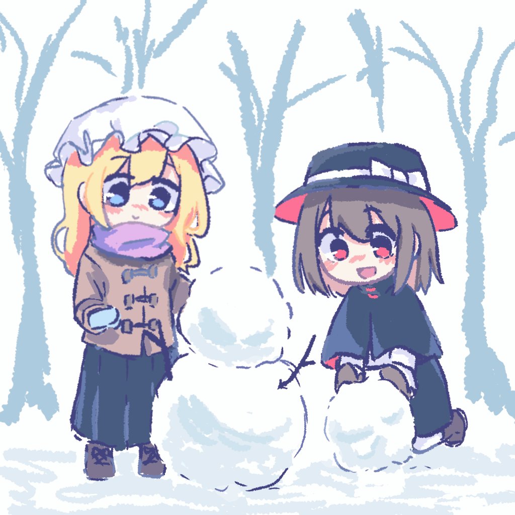 2girls, :>, :d, black_capelet, black_headwear, black_skirt, blonde_hair, blue_eyes, blue_mittens, blush, brown_footwear, brown_hair, brown_jacket, brown_mittens, capelet, chibi, closed_mouth, commentary, hat, irregularmonth, jacket, long_hair, maribel_hearn, mob_cap, multiple_girls, nose_blush, open_mouth, purple_scarf, red_eyes, scarf, shoes, skirt, smile, snow, snowman, touhou, usami_renko, white_headwear