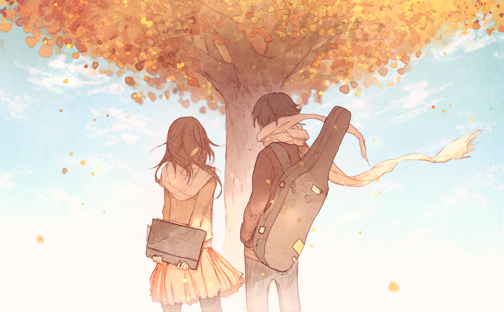 1boy, 1girl, arm_behind_back, autumn, autumn_leaves, black_bag, brown_hair, brown_shirt
