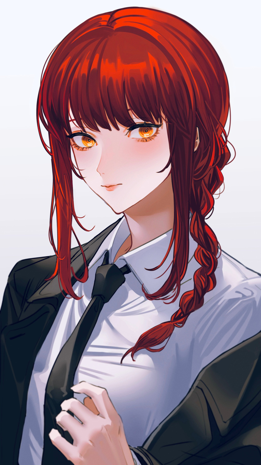 1girl, absurdres, bangs, black_jacket, black_necktie, braid, braided_ponytail, chainsaw_man