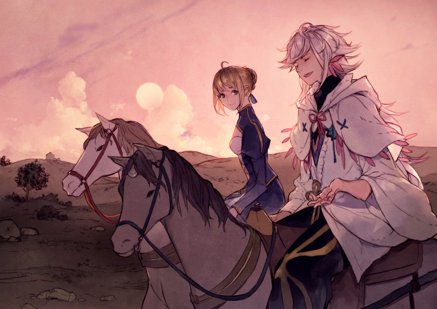 1boy, 1girl, absurdres, ahoge, animal, artoria_pendragon_(fate), black_pants, blonde_hair