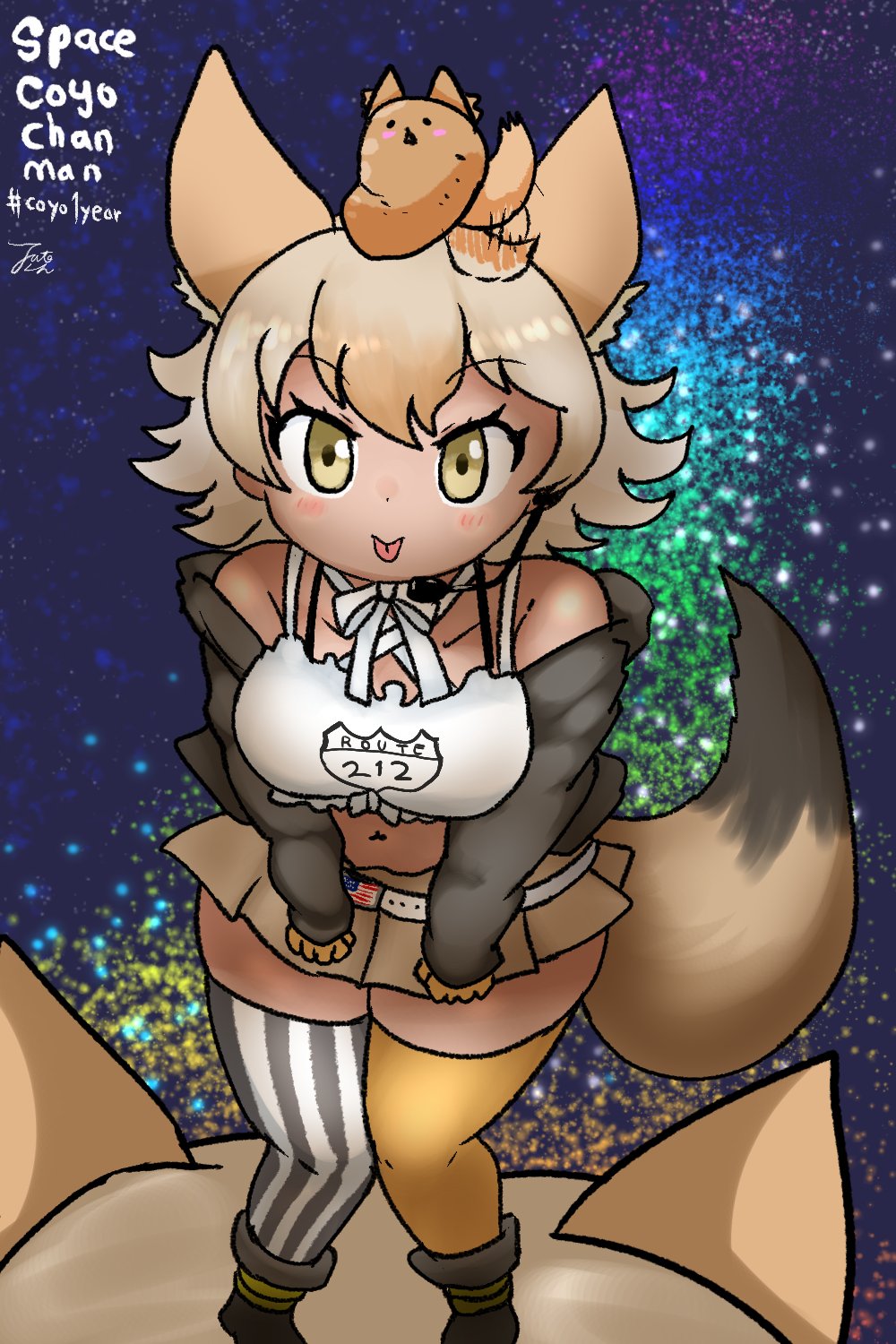1girl, animal_costume, animal_ear_fluff, animal_ears, bare_shoulders, black_jacket, blonde_hair, boots
