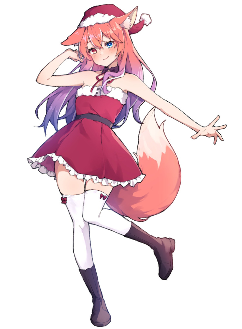 1girl, animal_ears, blue_eyes, boots, dress, fox_ears, fox_girl, fox_tail, frilled_dress, frills, full_body, fur-trimmed_dress, fur-trimmed_headwear, fur_trim, gradient_hair, hat, heterochromia, highres, indie_virtual_youtuber, kitsui_akira, long_hair, multicolored_hair, pink_hair, purple_hair, red_eyes, santa_dress, santa_hat, seion, smile, strapless, strapless_dress, tail, thigh-highs, white_thighhighs, zettai_ryouiki