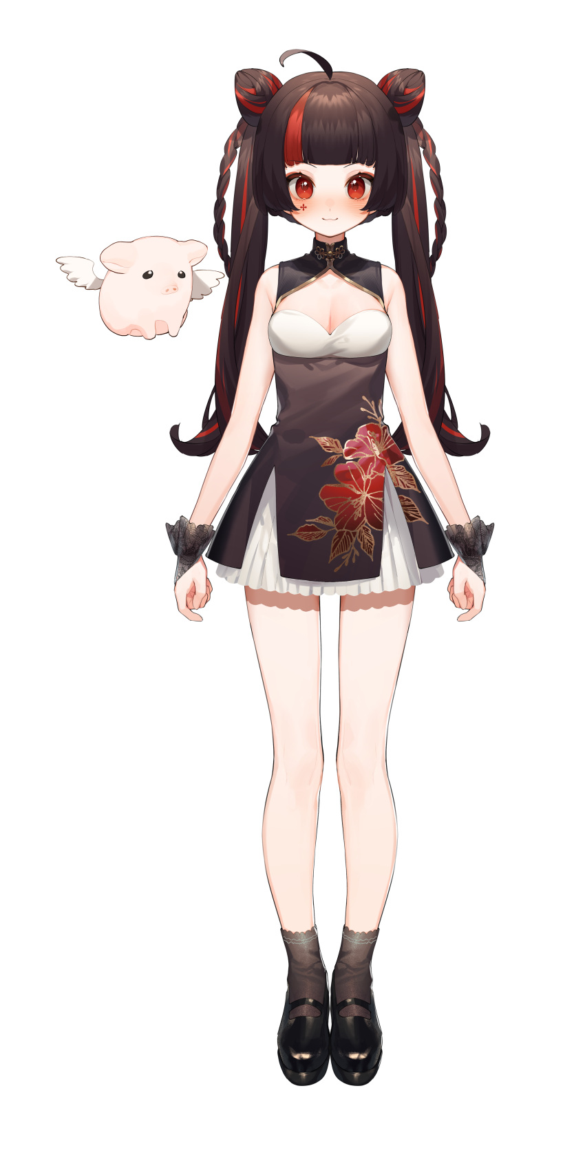 1girl, :3, absurdres, ankle_socks, bare_arms, bare_legs, bare_shoulders, black_dress, black_footwear, black_hair, black_socks, blush, braid, breasts, chinese_clothes, cleavage_cutout, clothing_cutout, double_bun, dress, facial_tattoo, floral_print, flying_pig, full_body, hair_bun, highres, kero_(vtuber), long_hair, mary_janes, multicolored_hair, nijisanji, official_art, pelvic_curtain, pig, red_eyes, redhead, scrunchie, shoes, sleeveless, socks, solo, standing, streaked_hair, tattoo, transparent_background, twin_braids, twintails, virtual_youtuber, virtuareal, wrist_scrunchie