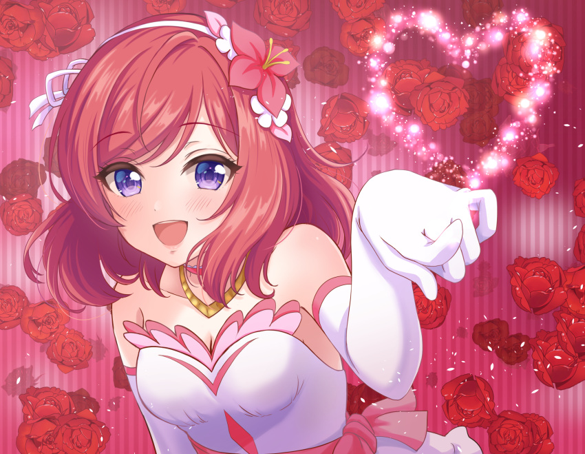 1girl, blush, bokutachi_wa_hitotsu_no_hikari, breasts, commentary_request, elbow_gloves, flower, flower_ornament
