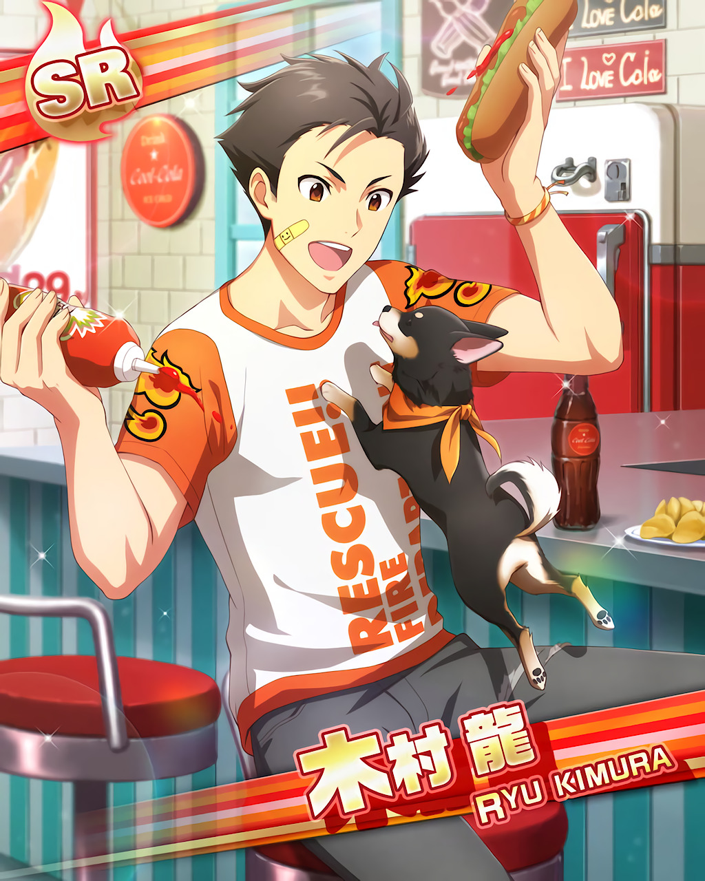 1boy, animal_ears, bandaid, bandaid_on_cheek, bandaid_on_face, black_hair, bracelet, brown_eyes, card_(medium), character_name, coca-cola, dog, dog_ears, dog_tail, fingernails, glint, highres, hot_dog, idolmaster, idolmaster_side-m, jewelry, john_(idolmaster), ketchup, ketchup_bottle, kimura_ryu, male_focus, official_art, print_shirt, shirt, short_sleeves, sitting, tail, teeth, upper_teeth
