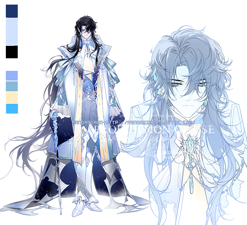 1boy, angel, black_hair, blue_eyes, blue_vest, can, cape, chinese_commentary