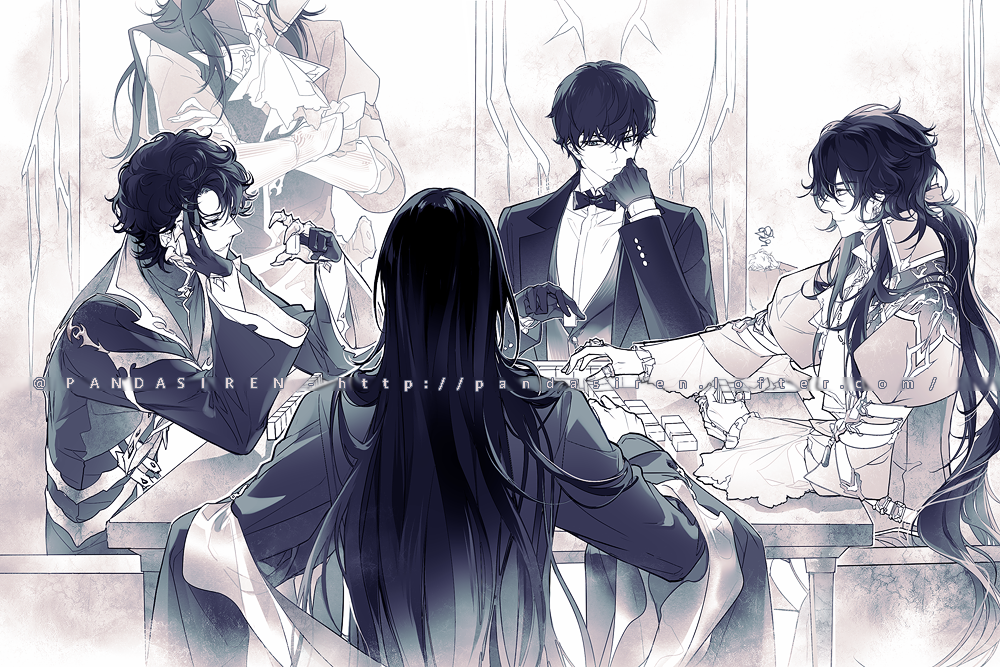 6+boys, amon_(lord_of_the_mysteries), angel, antigonus_(lord_of_the_mysteries), bangs, black_gloves, bow, bowtie