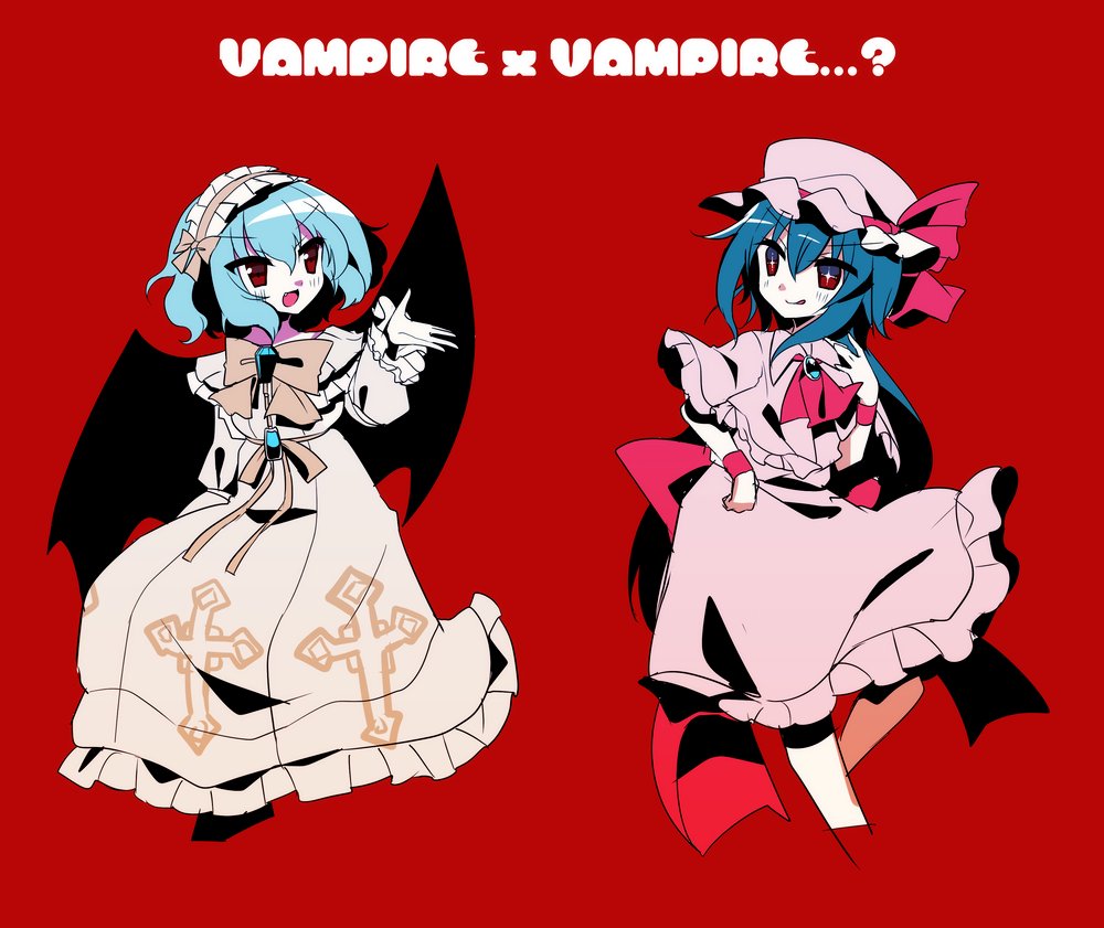 +_+, 2girls, :d, :q, ascot, bat_wings, bianca_(black_survival), black_survival, black_wings, blue_hair, bow, bowtie, closed_mouth, cropped_legs, cross, dress, english_text, eternal_return:_black_survival, full_body, hairband, kujou_mikuru, light_blue_hair, lolita_hairband, long_sleeves, looking_at_another, multiple_girls, open_mouth, pink_shirt, pink_skirt, red_ascot, red_background, red_eyes, remilia_scarlet, shirt, short_hair, sidelocks, simple_background, skirt, smile, tongue, tongue_out, touhou, vampire, white_dress, white_hairband, wings