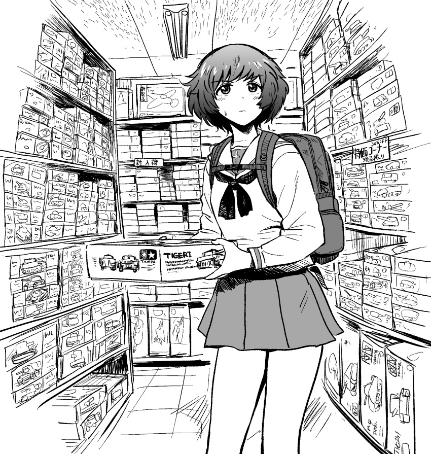 1girl, akiyama_yukari, backpack, bag, cowboy_shot, girls_und_panzer, greyscale, hatimoto