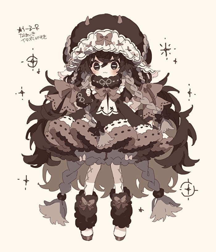 1girl, :3, alternate_color, blush, brown_dress, brown_eyes, brown_hair, brown_headwear, brown_scarf, closed_mouth, dress, fake_horns, full_body, grey_bloomers, hat, hibi89, horizontal_pupils, horned_headwear, horns, long_hair, long_sleeves, looking_at_viewer, pantyhose, personification, pokemon, scarf, shiny_pokemon, solo, sparkle, very_long_hair, white_pantyhose, wooloo