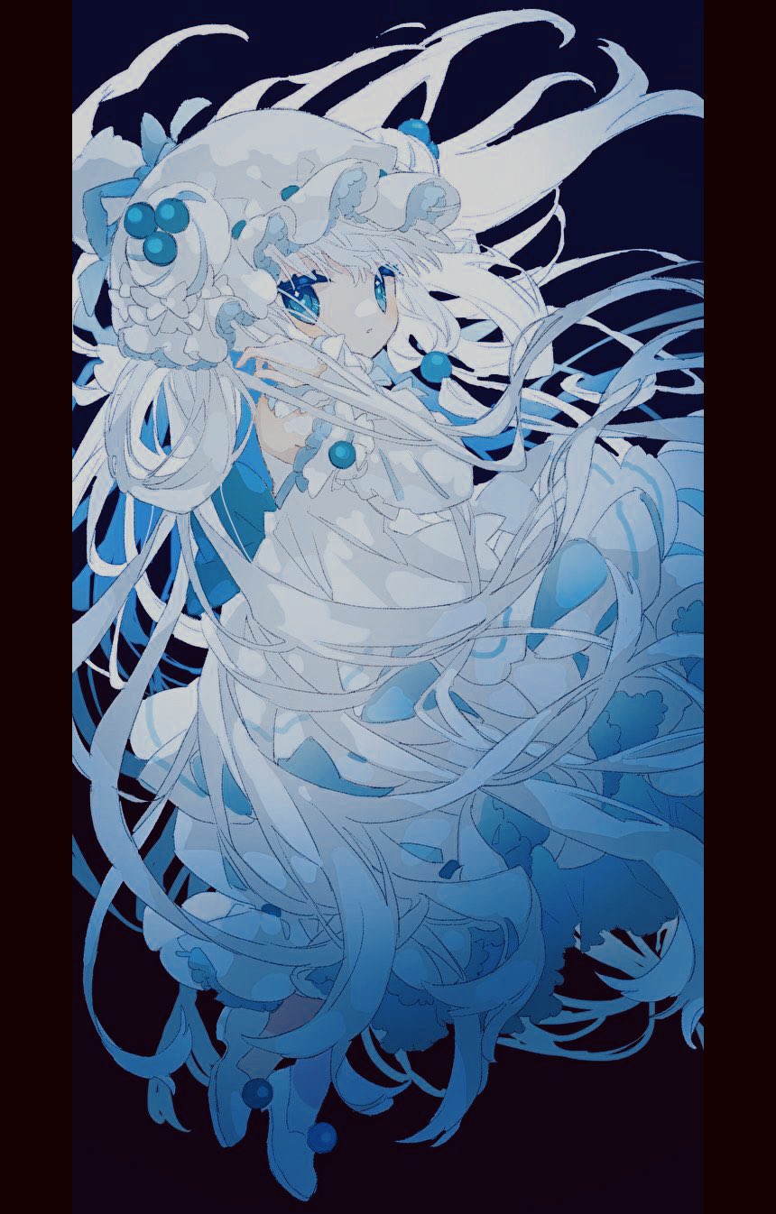 1girl, alcremie, alcremie_(berry_sweet), alcremie_(salted_cream), blue_dress, blue_theme, blueberry_hair_ornament, detached_sleeves