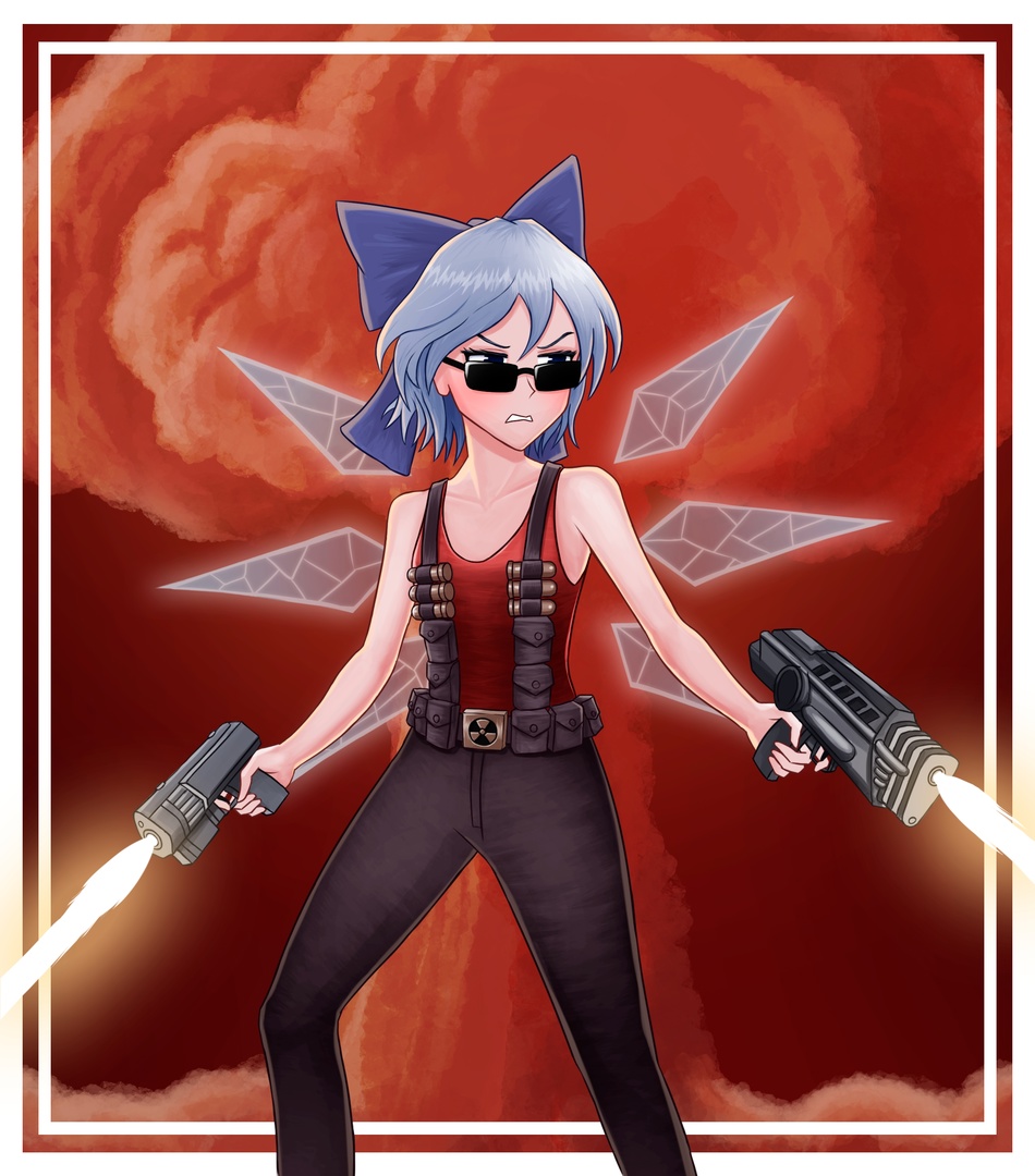 cirno, cosplay, duke_nukem, duke_nukem_(cosplay), duke_nukem_(series), duke_nukem_3d, firing, grummsed
