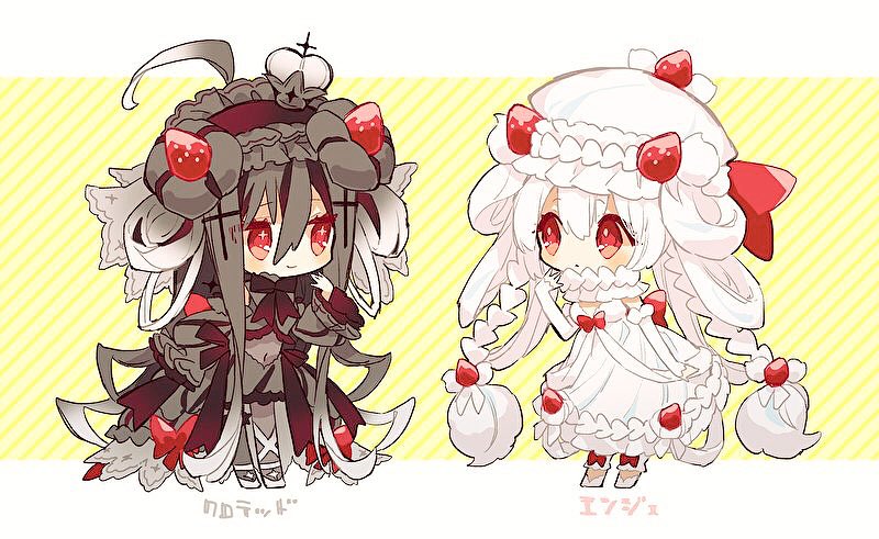 2girls, alcremie, alcremie_(salted_cream), alcremie_(strawberry_sweet), alternate_color, black_bow, black_bowtie, black_dress