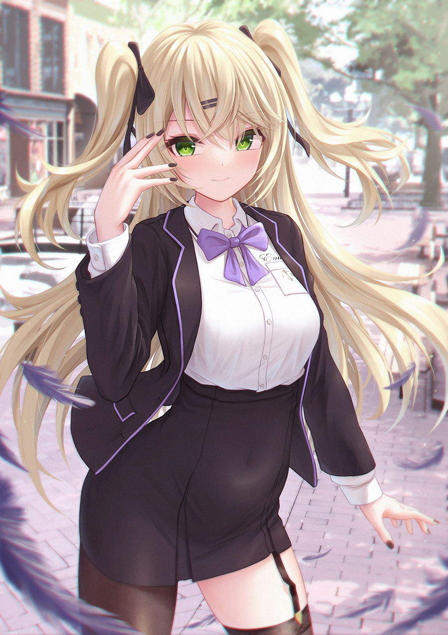 1girl, bae.c, bangs, black_bow, black_jacket, black_nails, black_skirt, blonde_hair, blush, bow, breasts, brown_pantyhose, building, closed_mouth, collared_shirt, commentary_request, day, dress_shirt, feathers, fischl_(genshin_impact), garter_straps, genshin_impact, green_eyes, hair_between_eyes, hair_bow, hair_ornament, hairclip, hand_up, highres, jacket, long_hair, long_sleeves, looking_at_viewer, medium_breasts, nail_polish, open_clothes, open_jacket, outdoors, pantyhose, pleated_skirt, purple_feathers, shirt, single_leg_pantyhose, skirt, solo, tree, two_side_up, very_long_hair, white_shirt, window