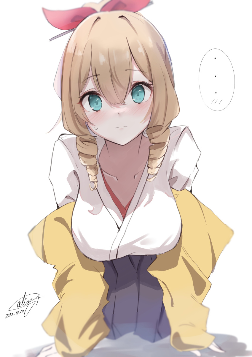 1girl, absurdres, all_fours, black_hakama, blue_eyes, brown_hair, calin, commentary_request