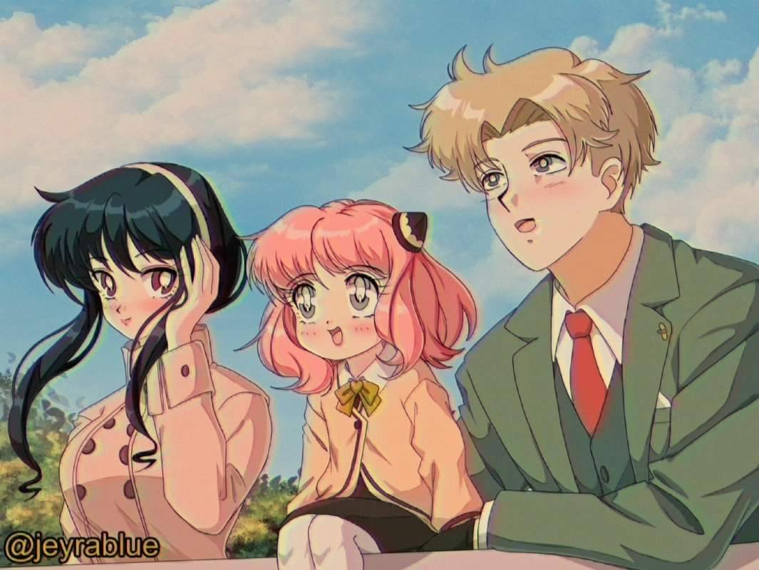 1990s_(style), 1boy, 2girls, anya_(spy_x_family), black_hair, blonde_hair, blue_eyes, blue_sky, deviantart_username, family, green_eyes, jeyrablue, looking_away, multiple_girls, open_mouth, pink_hair, red_eyes, retro_artstyle, sky, spy_x_family, twilight_(spy_x_family), vest, yor_briar