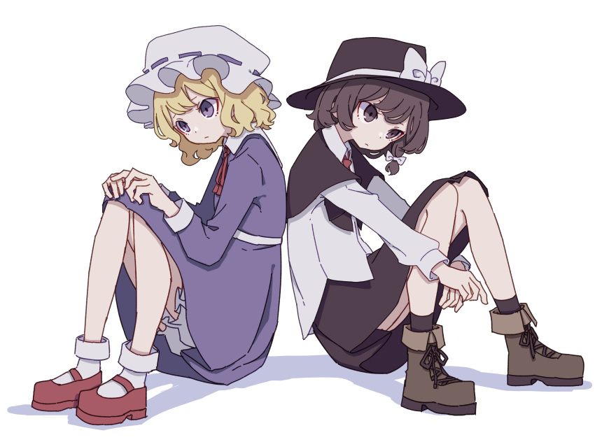 2girls, absurdres, black_headwear, black_skirt, black_socks, blonde_hair, boots, brown_eyes