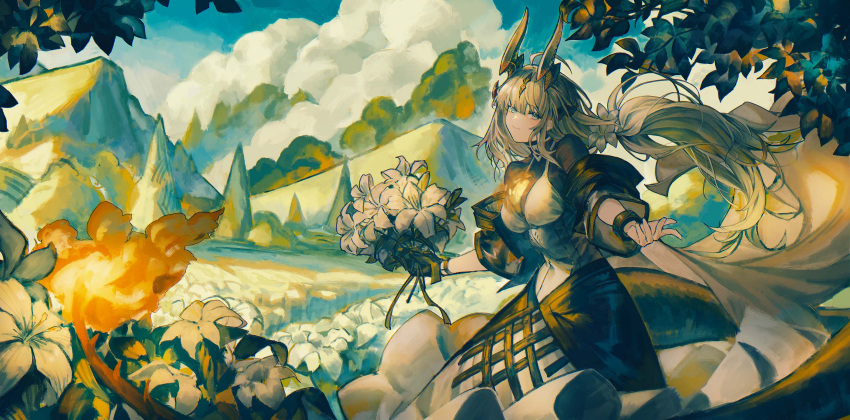 1girl, absurdres, ahoge, arknights, bouquet, breasts, clouds, dragon_horns