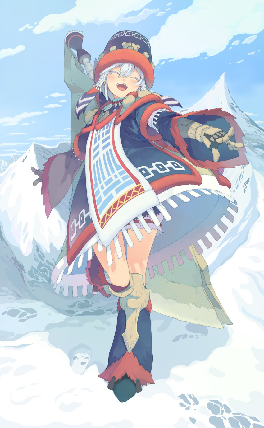 1girl, :d, absurdres, armor, arms_at_sides, blue_dress, blue_headwear, blue_sky