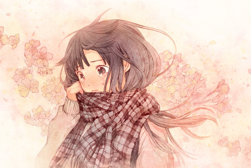 black_hair, flower, grey_eyes, plaid, plaid_scarf, plasm, sad, sayoko, sayoko_(sayonara_memories), sayonara_memories, sayonara_memories_(supercell), scarf, solo, supercell, tears