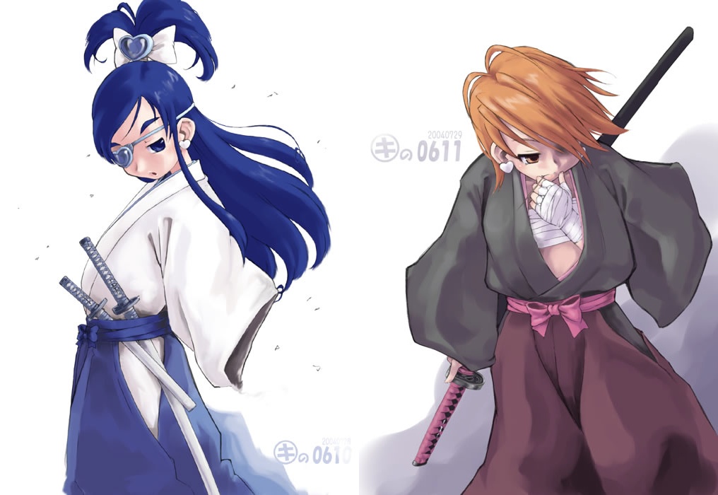 blush, brown_eyes, brown_hair, cosplay, cure_black, cure_white, earrings, eyepatch