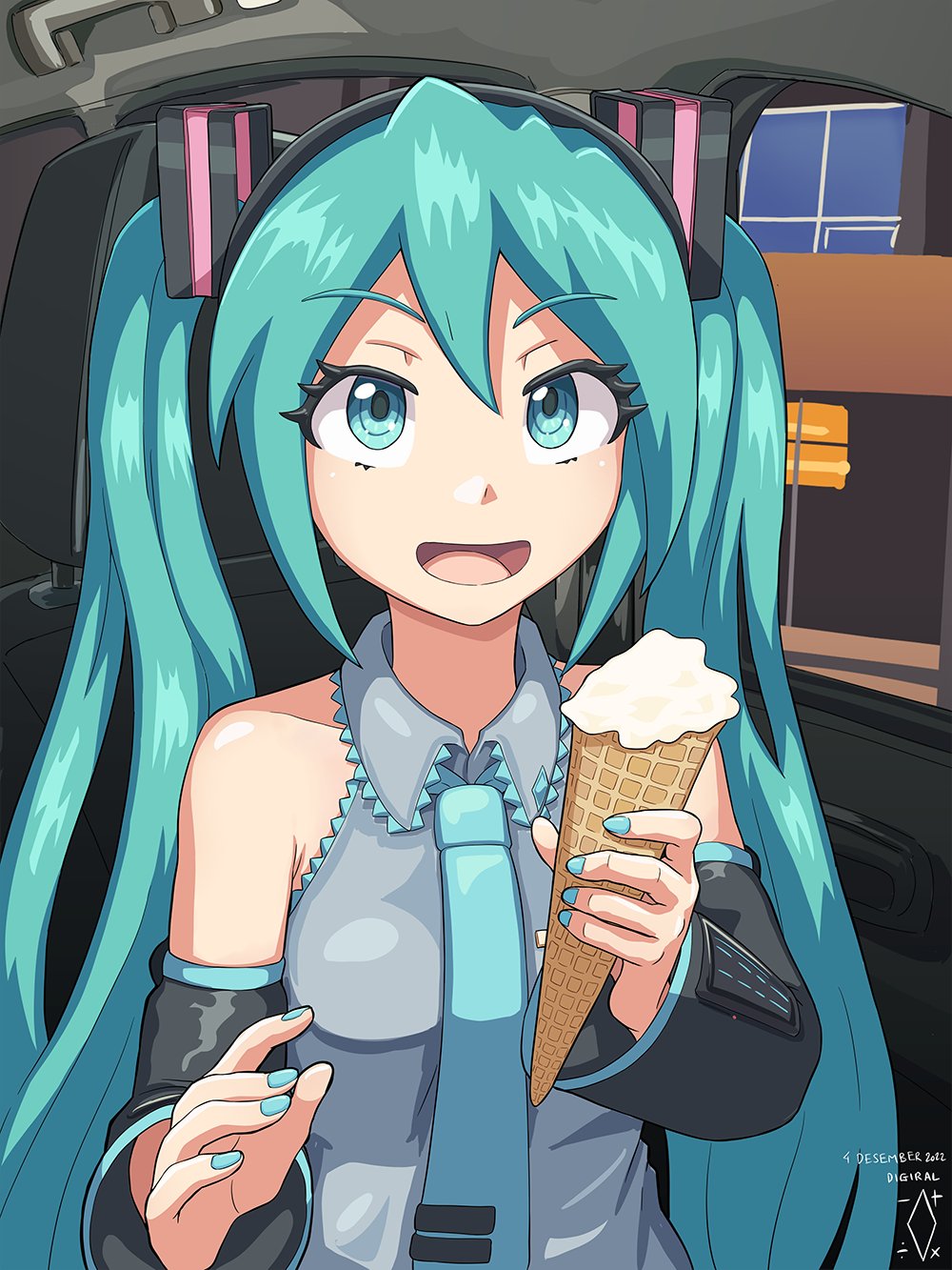 1girl, aqua_eyes, aqua_hair, aqua_nails, aqua_necktie, bare_shoulders, bing_chilling_(meme), black_sleeves, car_interior, commentary, detached_sleeves, digiral, english_commentary, grey_shirt, hair_ornament, hatsune_miku, highres, ice_cream_cone, long_hair, meme, nail_polish, necktie, open_mouth, shirt, sleeveless, sleeveless_shirt, smile, solo, twintails, upper_body, very_long_hair, vocaloid, waffle_cone