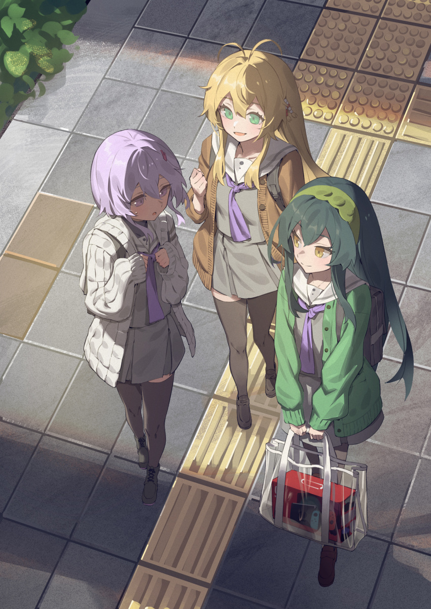 3girls, a.i._voice, antenna_hair, backpack, bag, beads, black_footwear, black_thighhighs