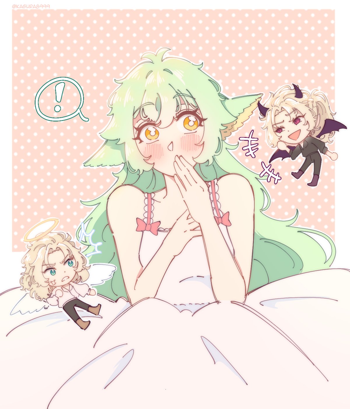 !, +++, 1girl, 2boys, ^^^, alternate_costume, angel, angel_and_devil
