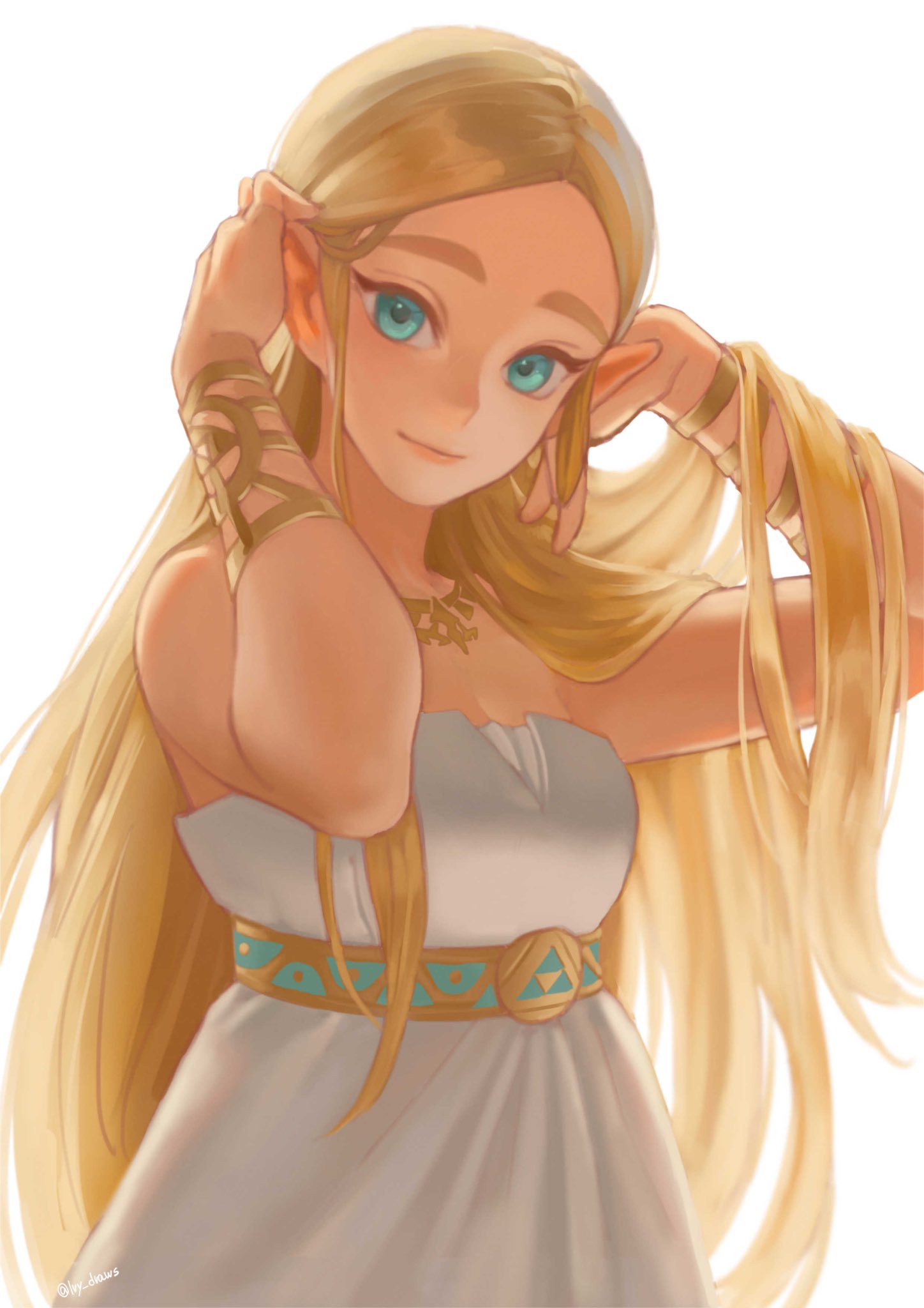 1girl, adjusting_hair, artist_name, bangs, blonde_hair, breasts, dress, green_eyes