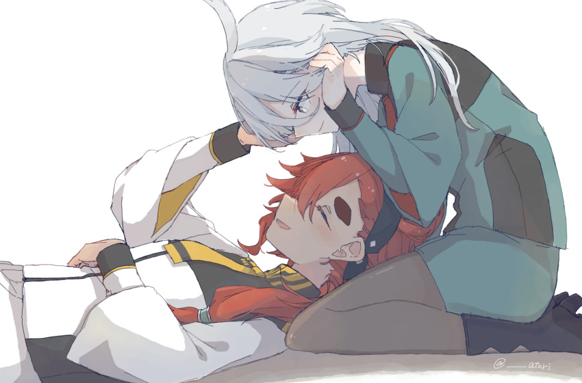 2girls, artist_name, asticassia_school_uniform, boots, closed_eyes, grey_eyes, gundam, gundam_suisei_no_majo