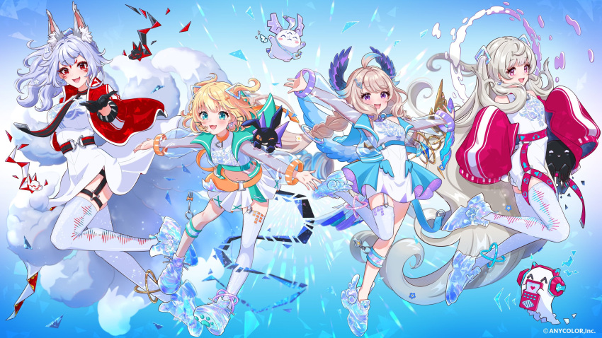 4girls, :3, :d, ahoge, animal_ears, anklet, bangs, bare_shoulders, black_gloves, black_jacket, black_necktie, blonde_hair, blue_background, blue_footwear, blue_hair, blue_jacket, braid, braided_ponytail, brown_hair, collar, colored_tips, commentary, company_name, copyright, creature, cropped_shirt, detached_sleeves, dress, earrings, enna_alouette, ethyria, facial_mark, flower, forehead_mark, fox_ears, fox_girl, fox_tail, full_body, gloves, grey_hair, hair_flaps, hair_flower, hair_ornament, hairclip, head_wings, highres, jacket, jewelry, jumping, legband, legwear_garter, long_hair, looking_at_viewer, low_wings, medium_hair, midair, millie_parfait, mixed-language_commentary, mugimugigo, multicolored_hair, multiple_girls, multiple_tails, multiple_wings, musical_note_earrings, navel, necktie, nijisanji, nijisanji_en, nina_kosaka, open_mouth, orange_collar, outstretched_arms, pawpads, pink_eyes, ponytail, red_eyes, reimu_endou, shoes, short_hair, side_slit, single_braid, single_earring, single_thighhigh, skirt, sleeveless, sleeveless_jacket, sleeves_past_fingers, sleeves_past_wrists, smile, spread_arms, streaked_hair, tail, thigh-highs, two-tone_hair, two_side_up, very_long_hair, violet_eyes, virtual_youtuber, white_dress, white_skirt, white_thighhighs, wings