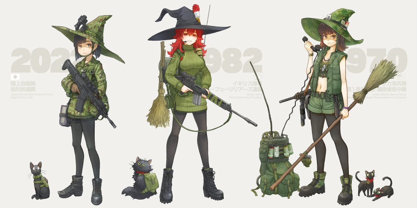 3girls, american_flag, backpack, bag, battle_rifle, black_footwear, black_hair, black_headwear